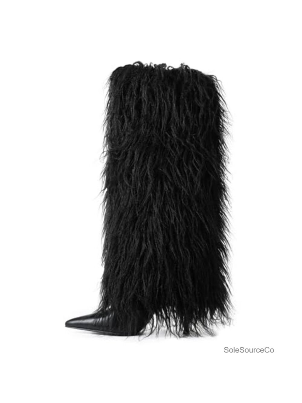 Fold Over Faux Fur Knee High Heeled Boots Pointed Toe Women